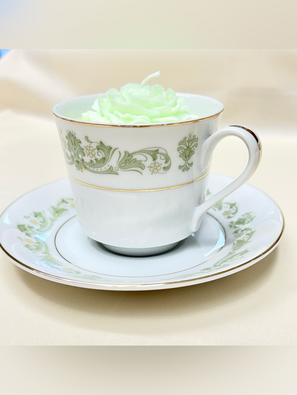 Vintage, 60’s Style House “Contessa Green” Fine China Teacup Candle Flower